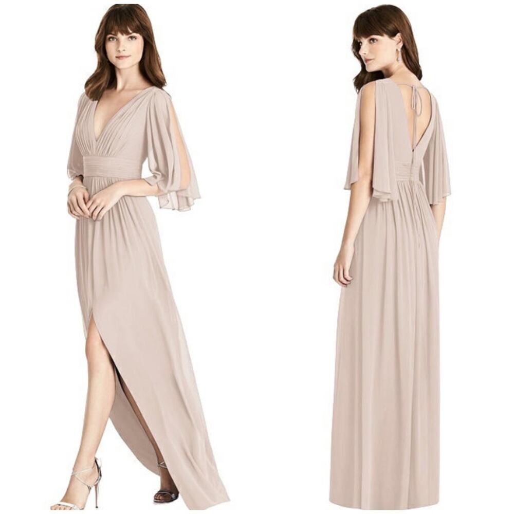 After Six Split Sleeve Backless Chiffon Maxi Dress 6777 Cameo 10 NEW